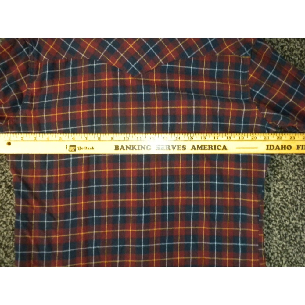 Wrangler Shirt Mens L Red Blue Plaid Pearl Snap Flannel Yoke Raw Hem Western - Picture 6 of 8